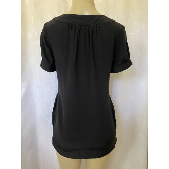 NWT Rory Beca Silk Top Blouse Black V Neck Short Sleeve Slip Pockets XS - Picture 6 of 8